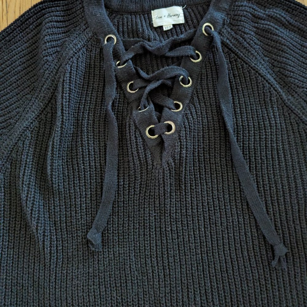 Love + Harmony V-Neck Long Sleeve Lace Up Sweater Cable Knit Black XS/S - Picture 7 of 9